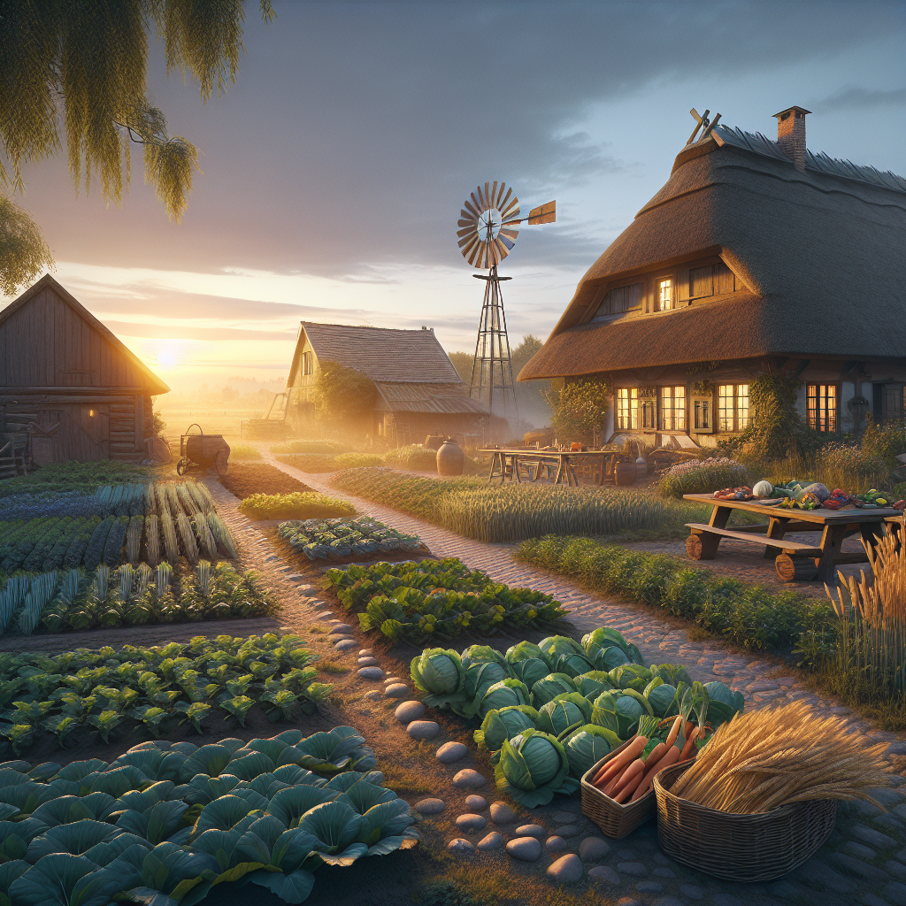 A good morning image of a serene farm at sunrise with a farmhouse, vegetable patches, and a rustic windmill.