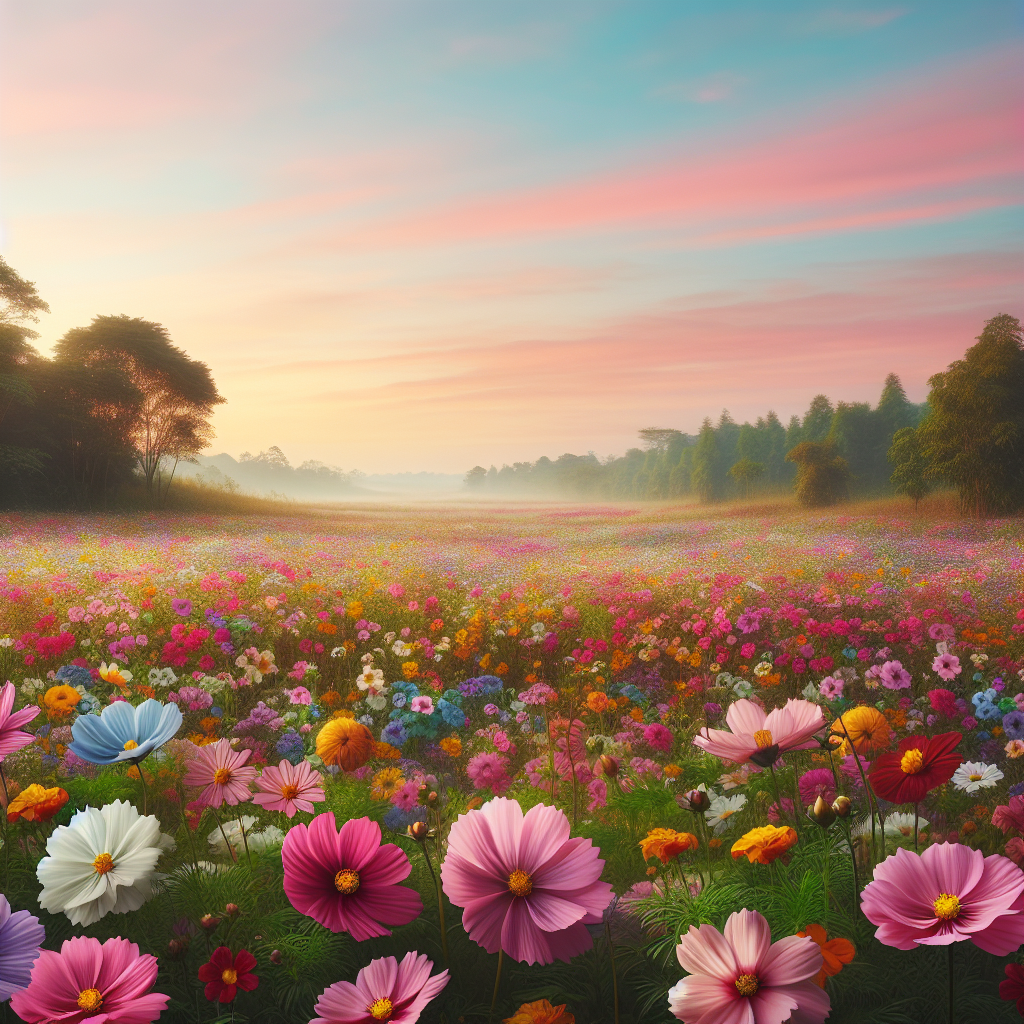 Peaceful morning landscape filled with a kaleidoscope of vibrant flowers under a pastel dawn sky, good morning image.