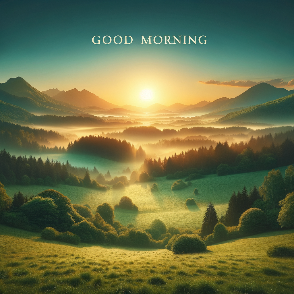 A tranquil sunrise over a lush countryside, with 'Good Morning' written across a clear sky.