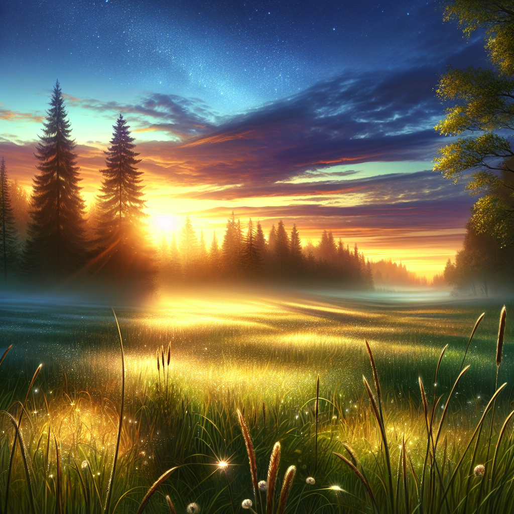 Serene dawn landscape with dew on grass under a pre-sunrise soft glow, embodying tranquility - good morning image.