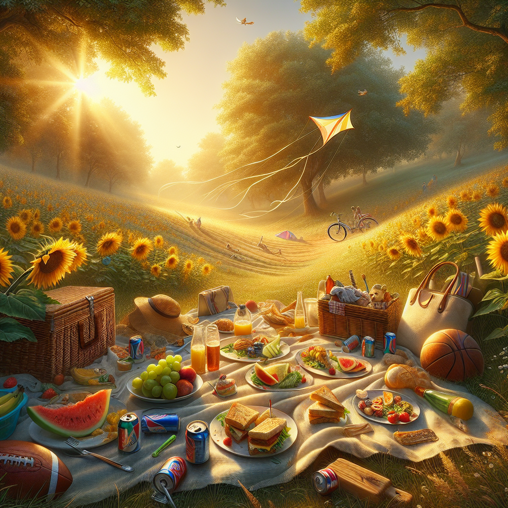 A good morning image showcasing a sunlit picnic scene with kites, a football, and bikes hinting at an unforgettable summer day.