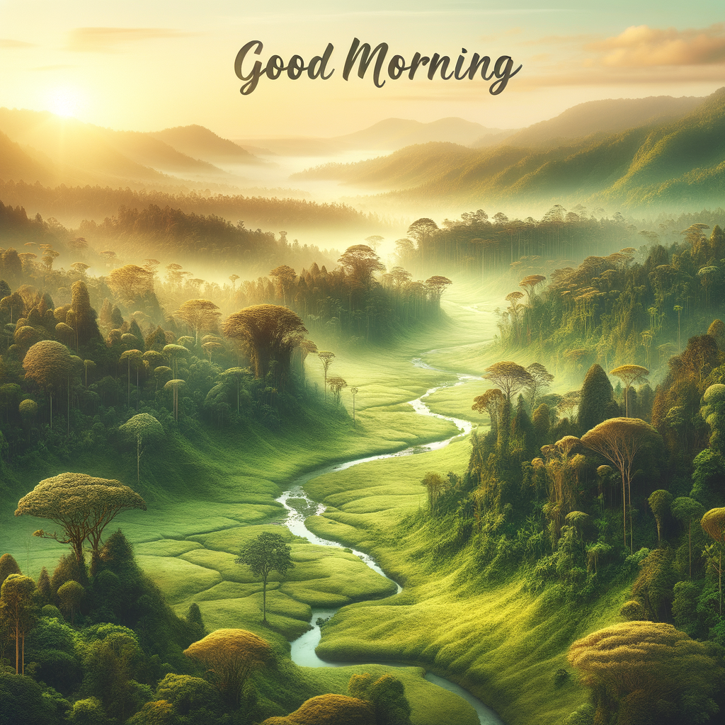 A serene early morning landscape with lush forests, vibrant meadows, and a gentle river, all under dawn's golden light. Good morning image.