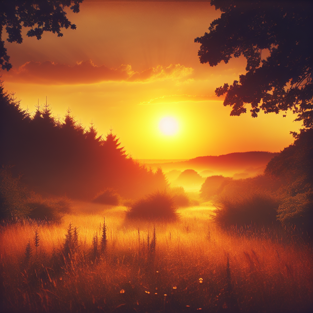 good morning image showcasing a serene, sunlit landscape with golden skies and peaceful tree silhouettes