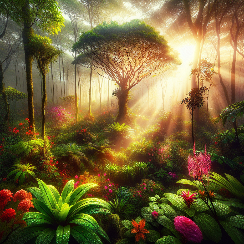 Early morning view of a lush ecosystem with sunlight filtering through trees, highlighting dew-covered foliage in a serene, good morning image.