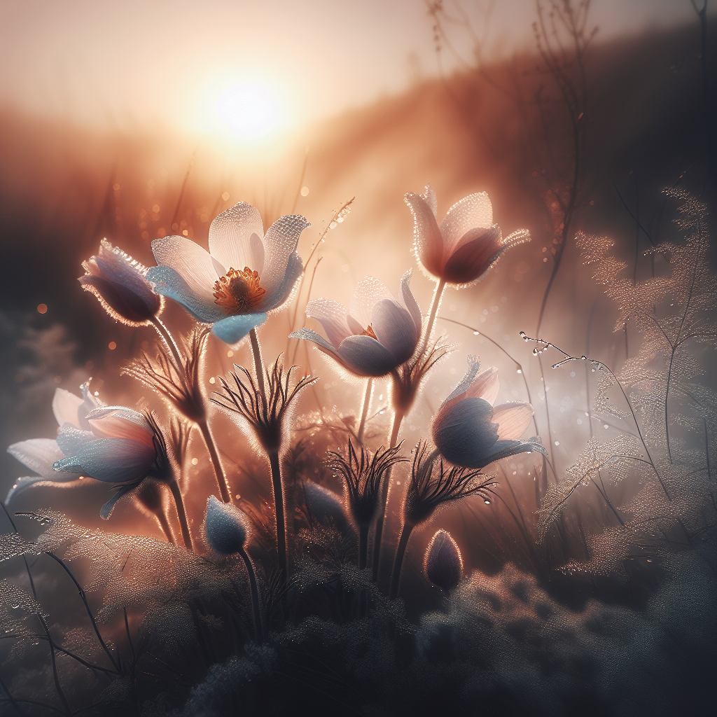 Delicate flowers basking in the morning sun with dew glistening on petals in a tranquil, misty setting; a perfect good morning image.