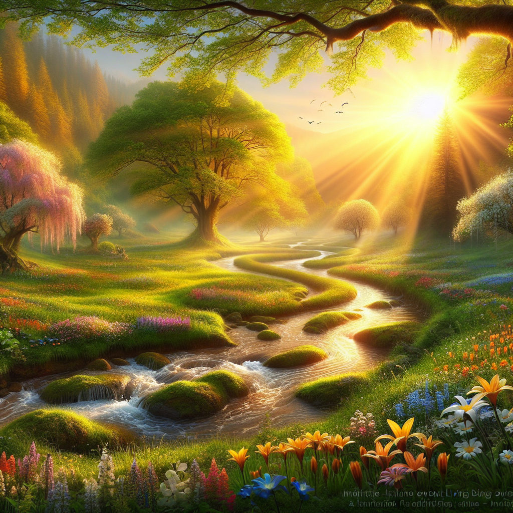 A tranquil early morning landscape with dew-kissed grass, vibrant flowers, and a serene stream under a golden sunrise, embodying a good morning image