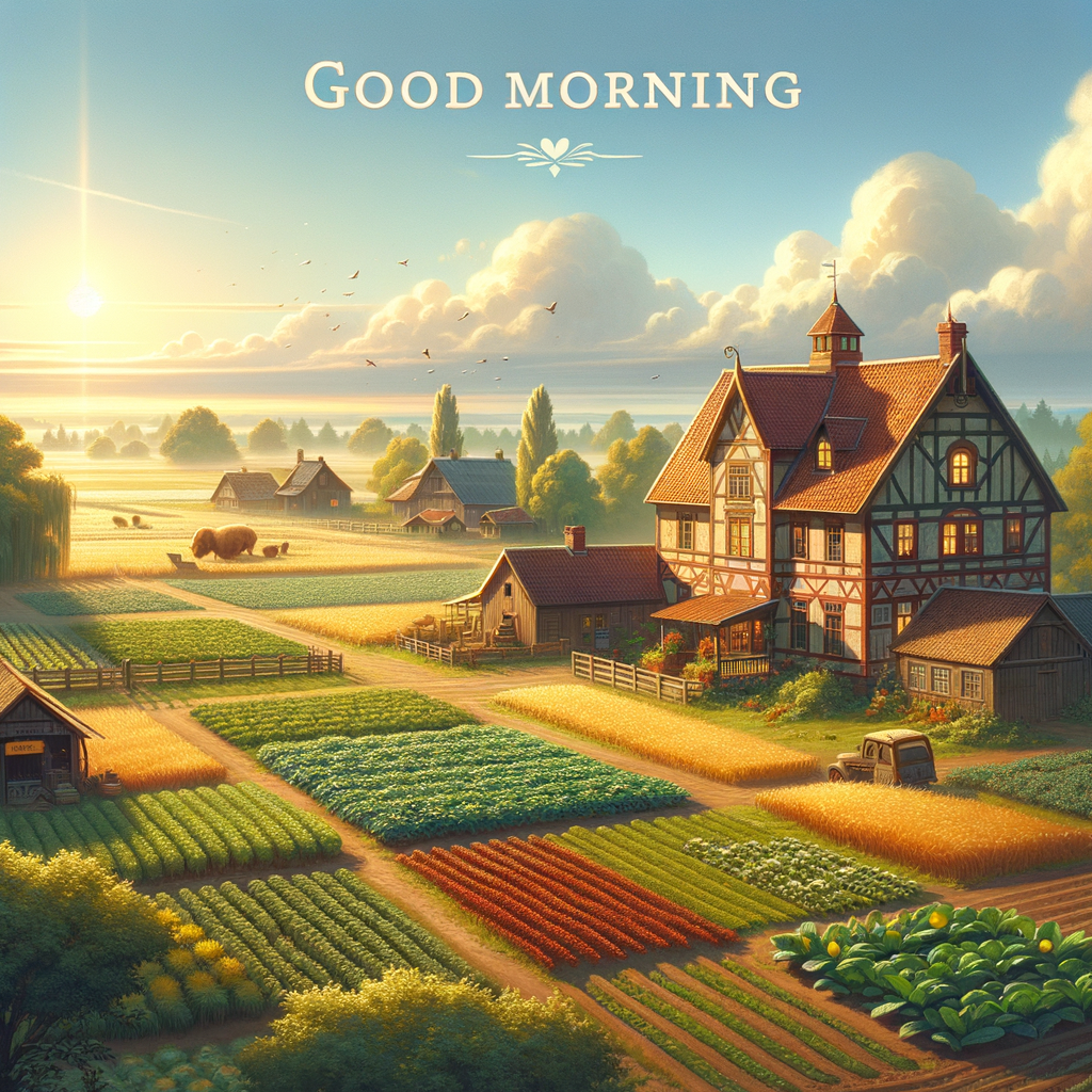 Tranquil good morning image of a historic farmhouse amidst fertile fields under soft morning light.