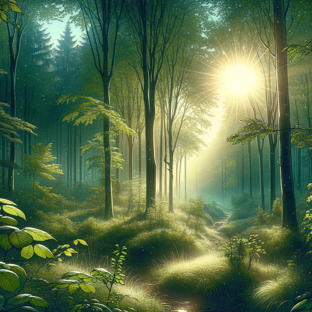 Illustration of a tranquil forest in early morning light with dew on leaves, sunbeams through trees, and 'Good morning' in corner.