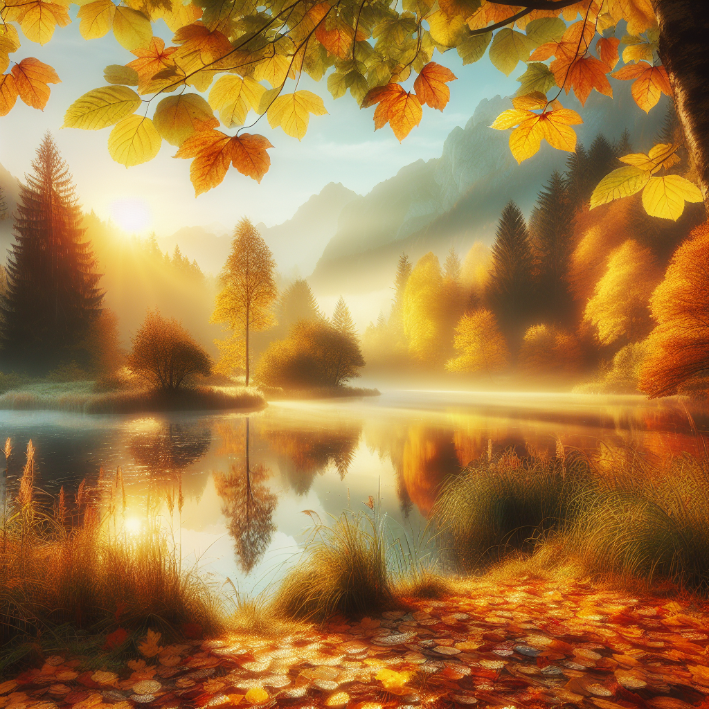 A serene autumn morning good morning image with vibrant fall colors and glistening dew on leaves.