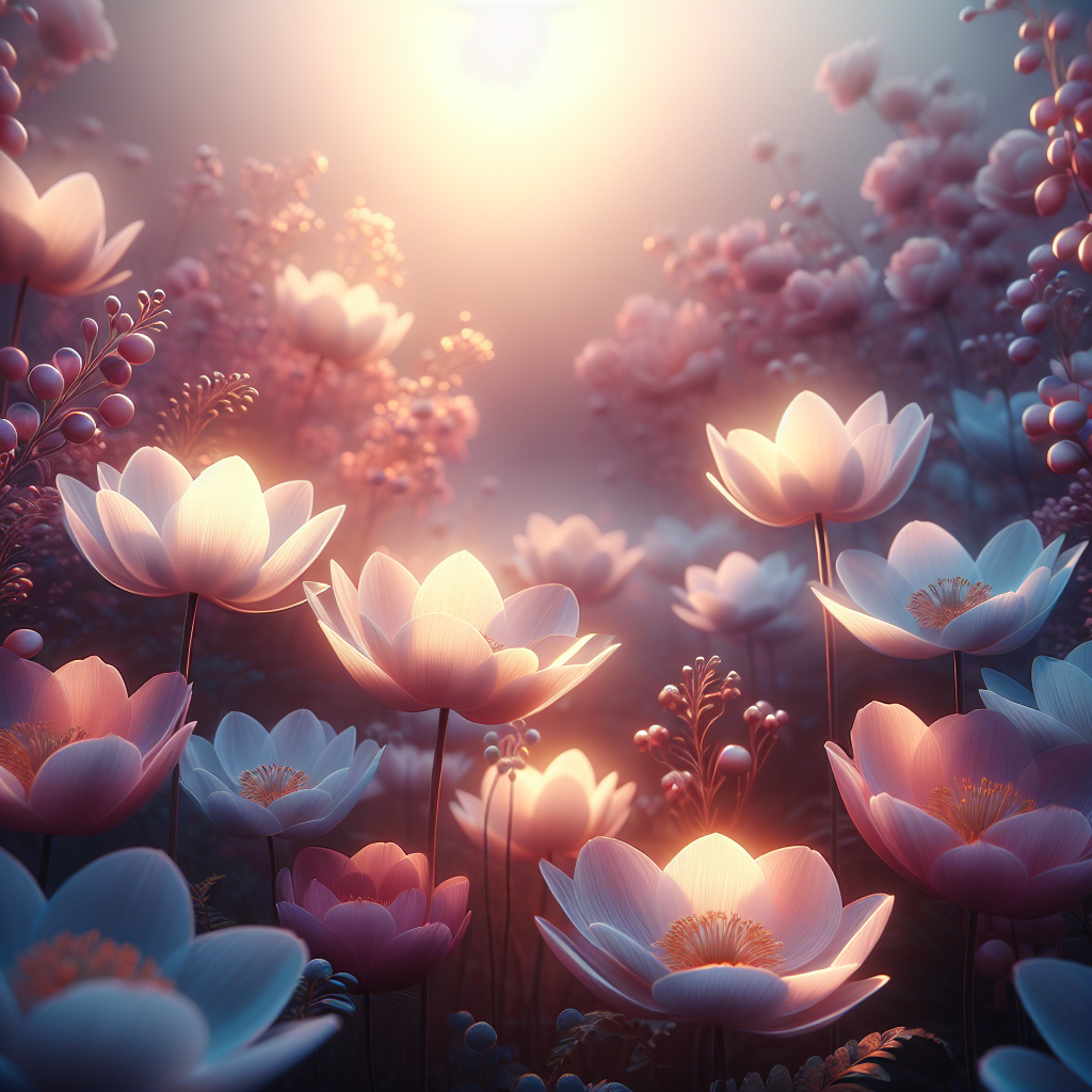 A serene good morning image of delicate flowers basking in the soft light of dawn, creating a tranquil garden scene.