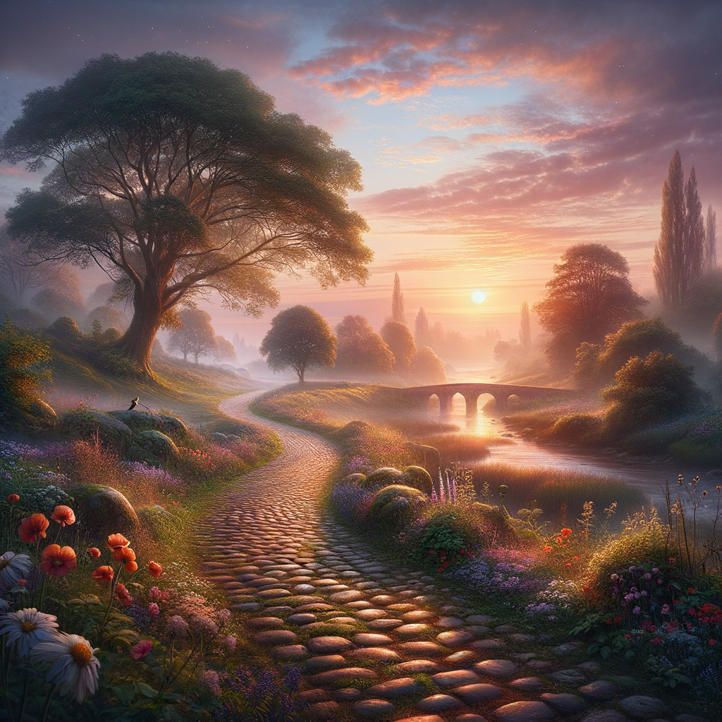 Early morning scene with blush pink and soft orange sky, cobblestone path through a verdant landscape, hinting at romantic adventures.