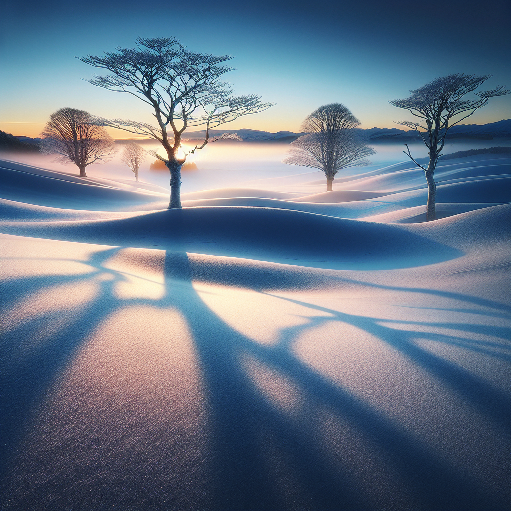 Serene winter landscape at dawn with untouched snow, leafless trees casting shadows, and hues of the rising sun creating a breathtaking good morning image.