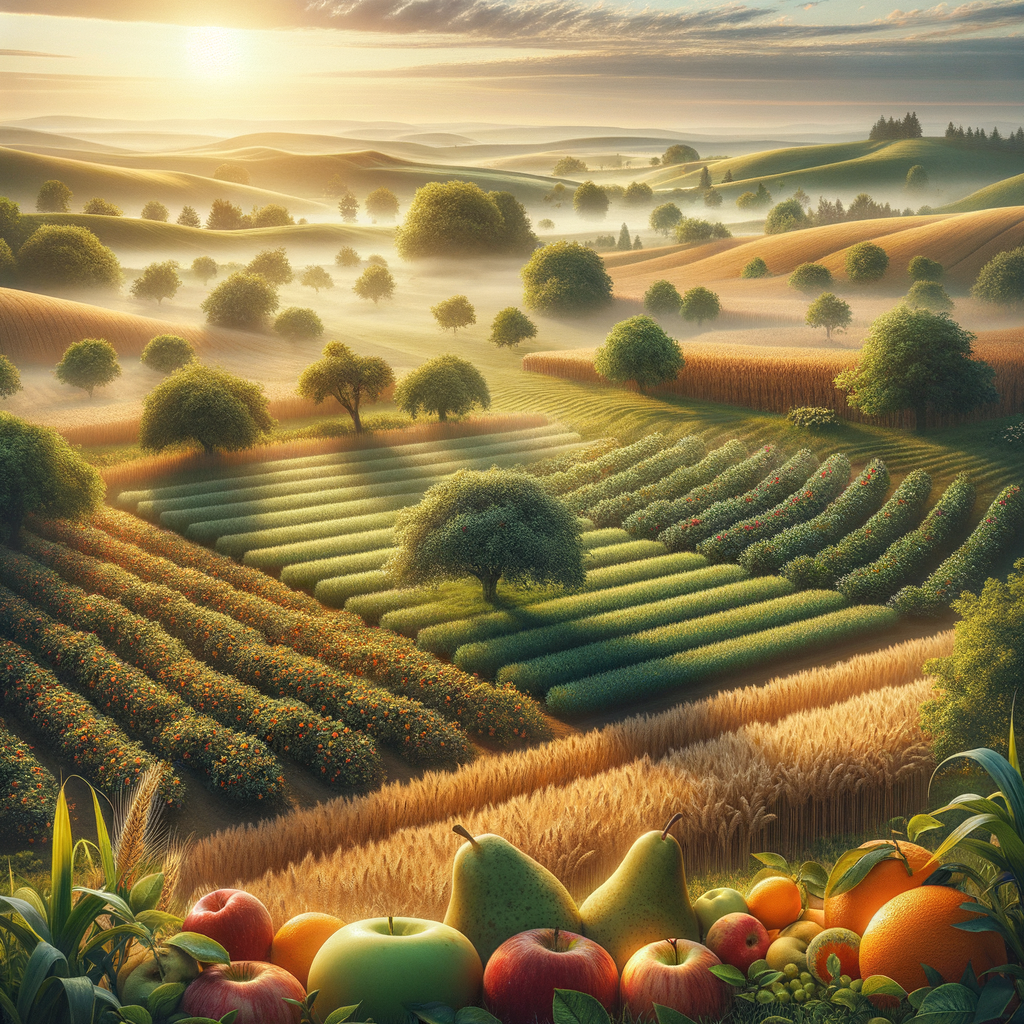 A peaceful, tranquil good morning image of lush countryside farms with ripe, ready-to-harvest produce.