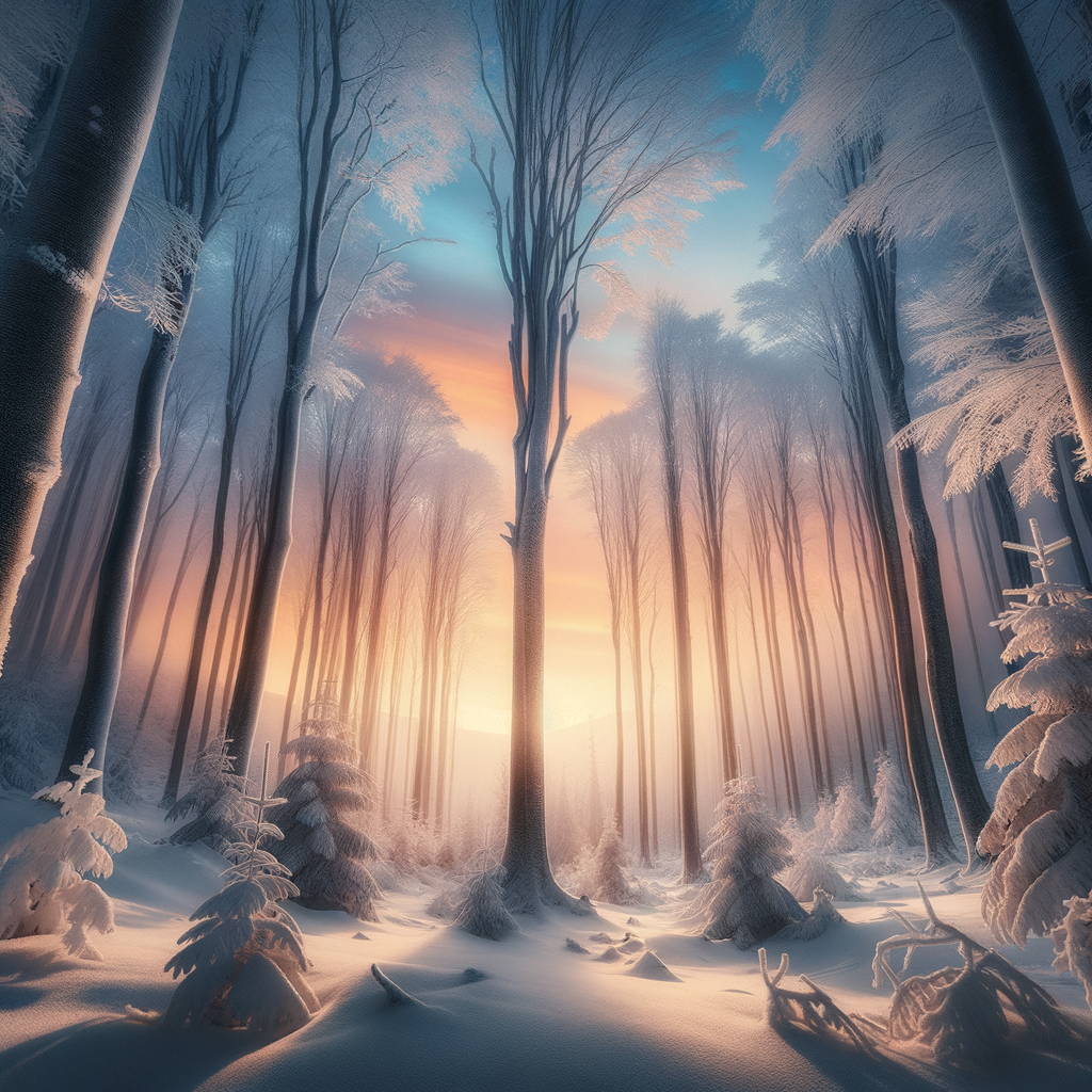 A tranquil winter forest awakening to a pastel sunrise