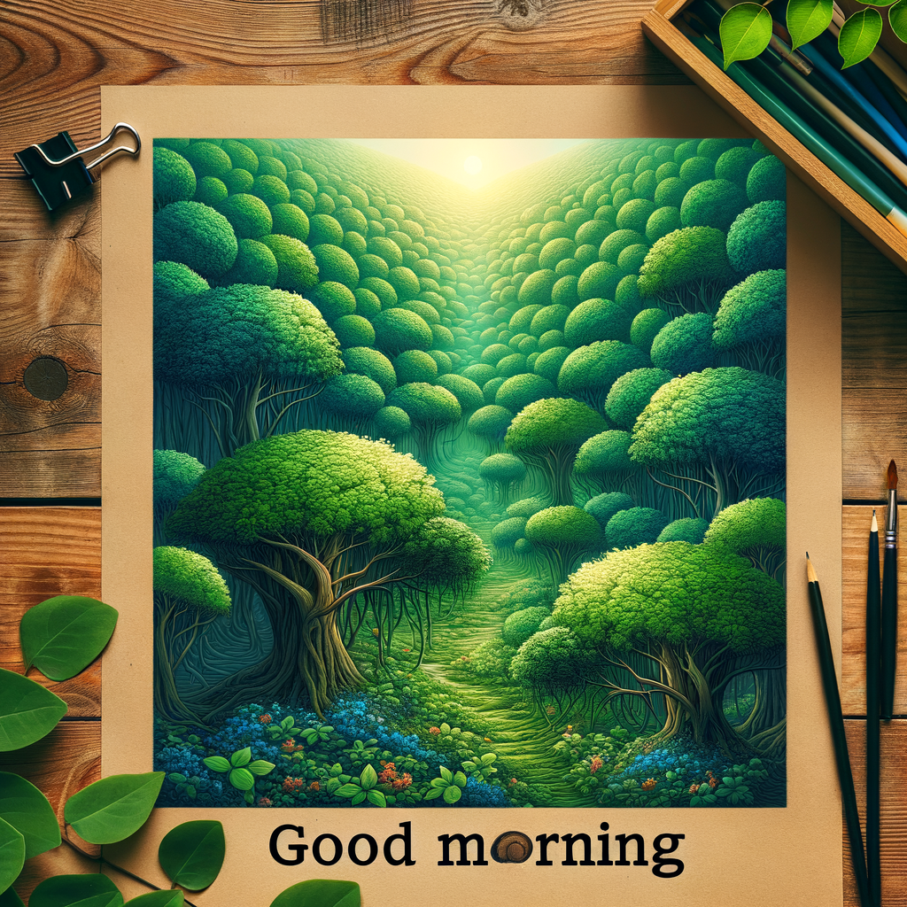 A serene morning in a lush, vibrant forest, with 'Good morning' subtly inscribed, encapsulating the freshness and tranquility of dawn.