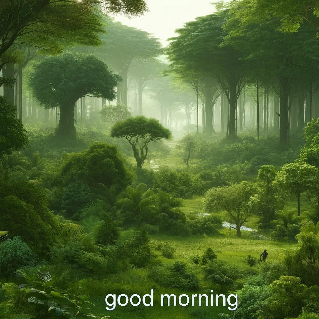 A tranquil morning scene in a verdant forest, representing a fresh start to the day - good morning image.