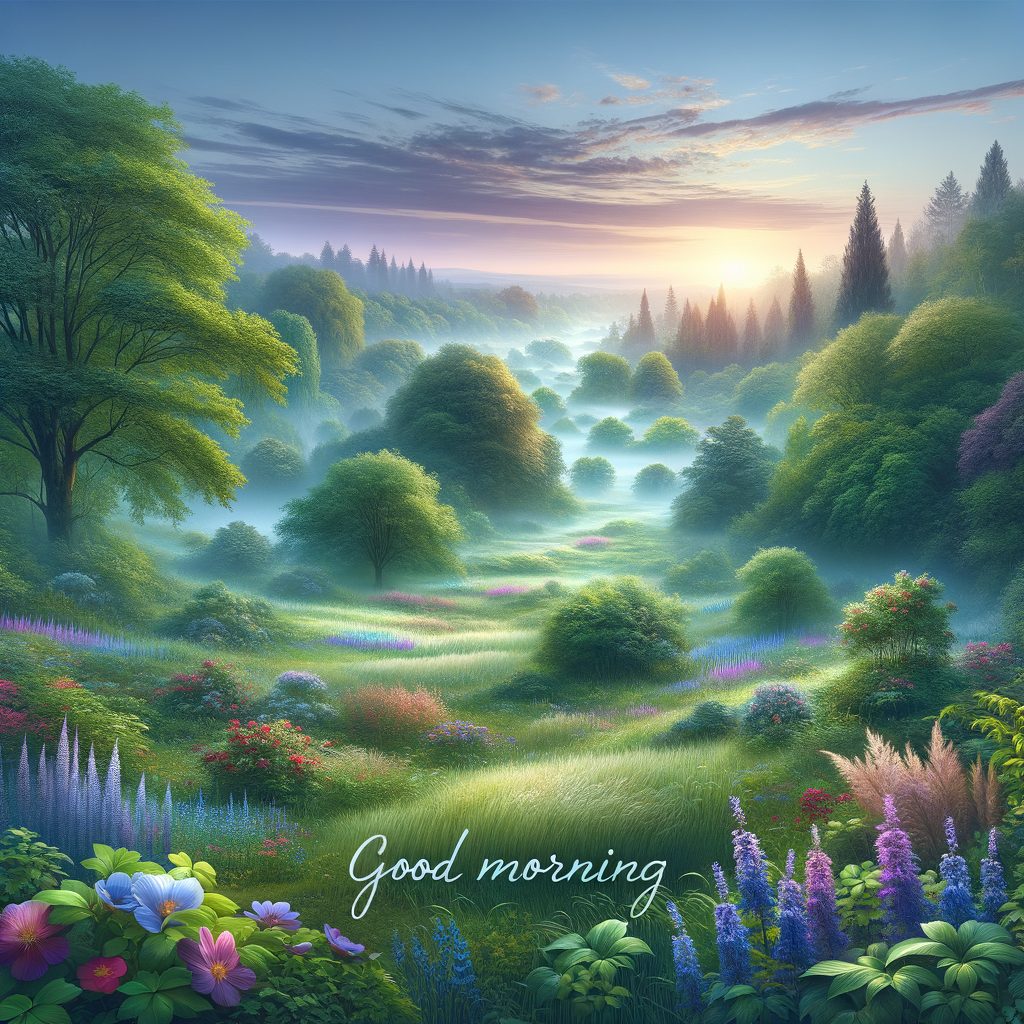 A serene good morning image capturing nature's beauty at dawn, with lush trees, blooming flowers, and a sky transitioning from lavender to blue.