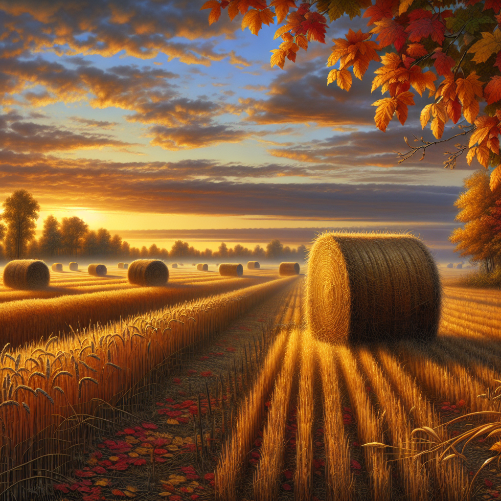 A good morning image showcasing a picturesque field with bales of hay in the warmth of an early autumn sunrise.