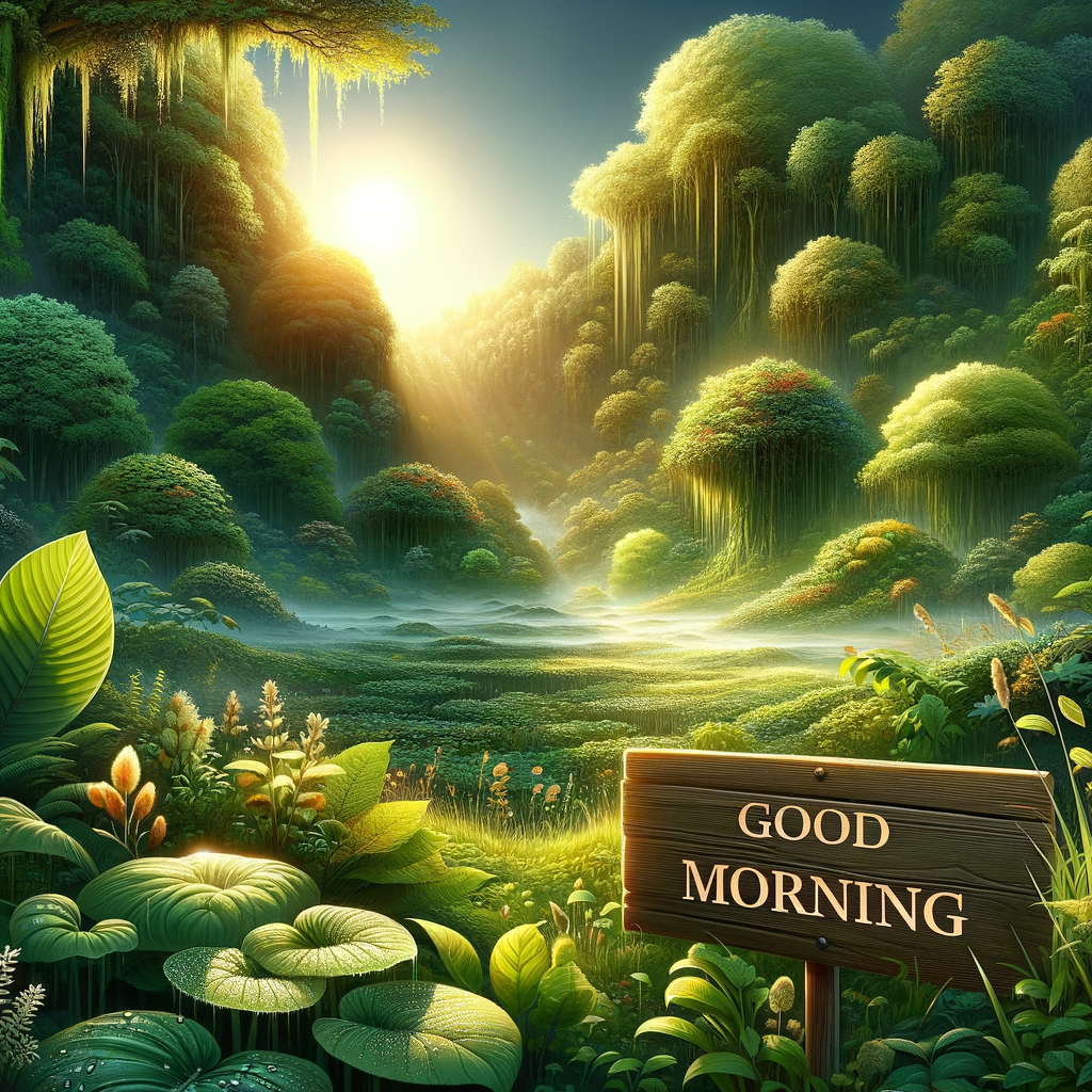 Tranquil morning in a lush green forest with sunlight touching the treetops, and 'Good Morning' written on a sign.