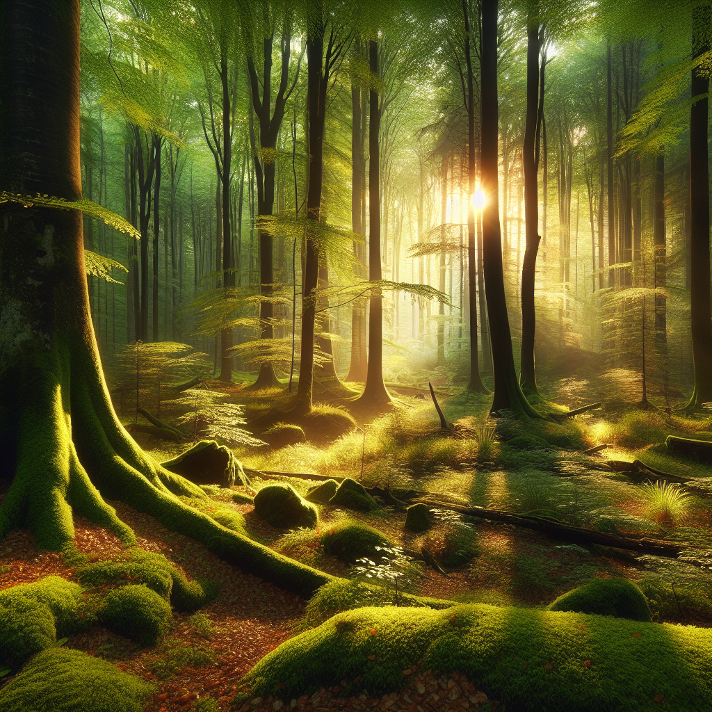 A good morning image capturing a serene, tranquil forest scene with soft golden sunlight filtering through the trees.