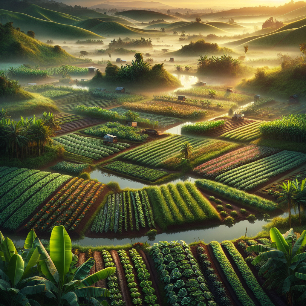 A serene and lush farmland at dawn, bursting with crops and fruits under a soft morning light, good morning image.