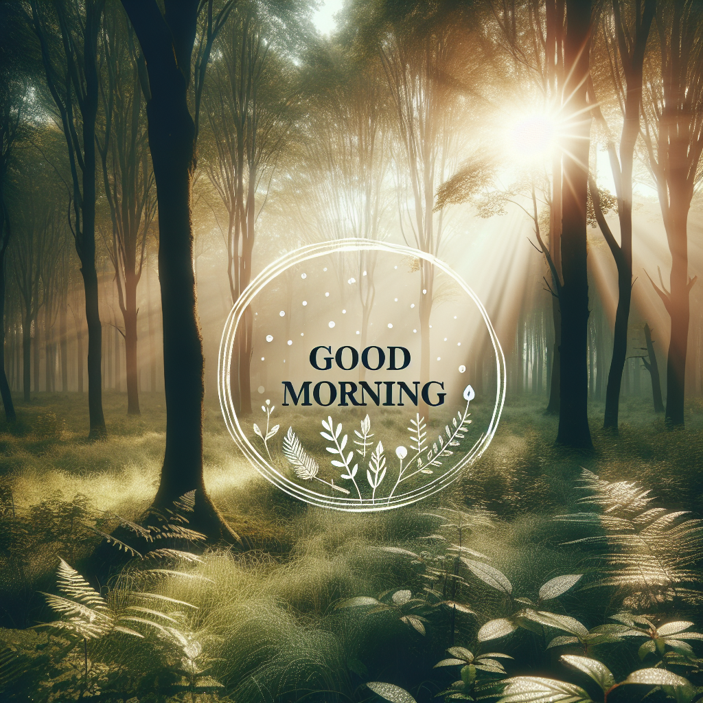 Peaceful morning in a forest with sunlight filtering through trees, covered in dewdrops, with 'Good Morning' text.