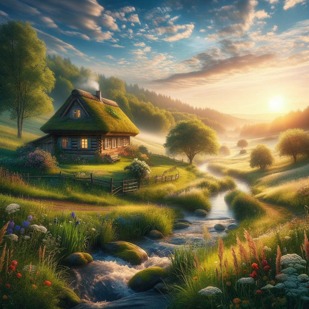 Set amid the calm of a lush countryside, a rustic cottage welcomes the day without a creature in sight, evoking a good morning image.