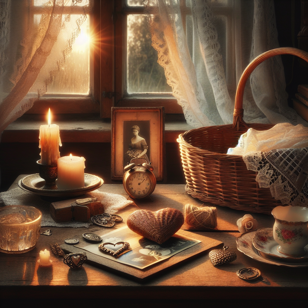 A tranquil morning scene with a lit candle, woven heart-shaped basket, vintage photograph, and delicate lace handkerchief on an antique table.