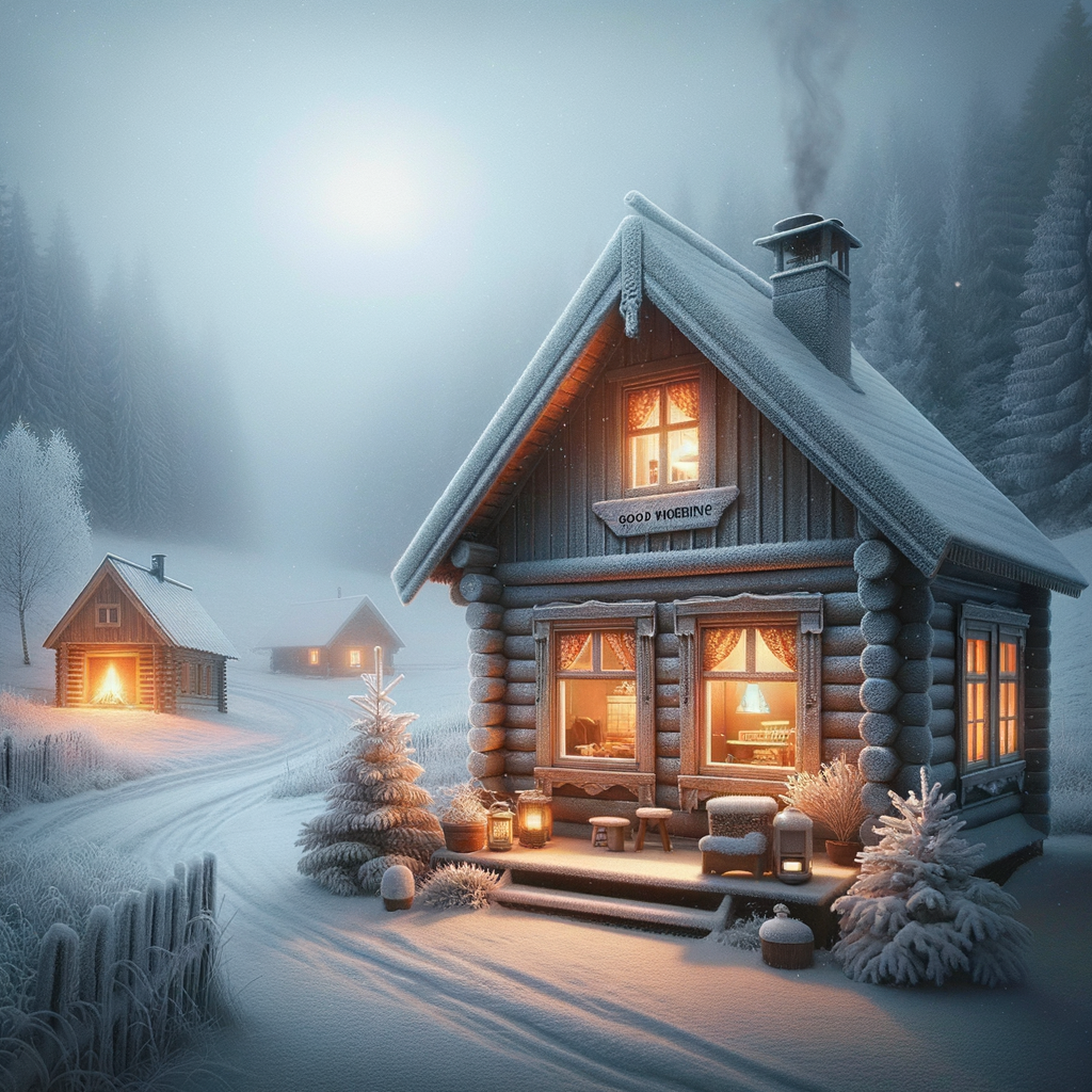 A good morning image of a tranquil winter scene with a cozy cabin, its windows aglow with fireplace warmth amidst gently falling snow.