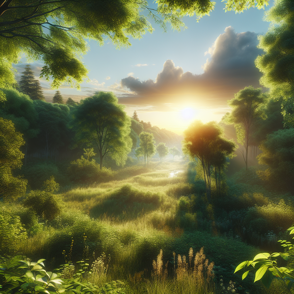 A tranquil good morning image showcasing vibrant summer foliage under a golden sun with a clear sky, touched by puffy white clouds.