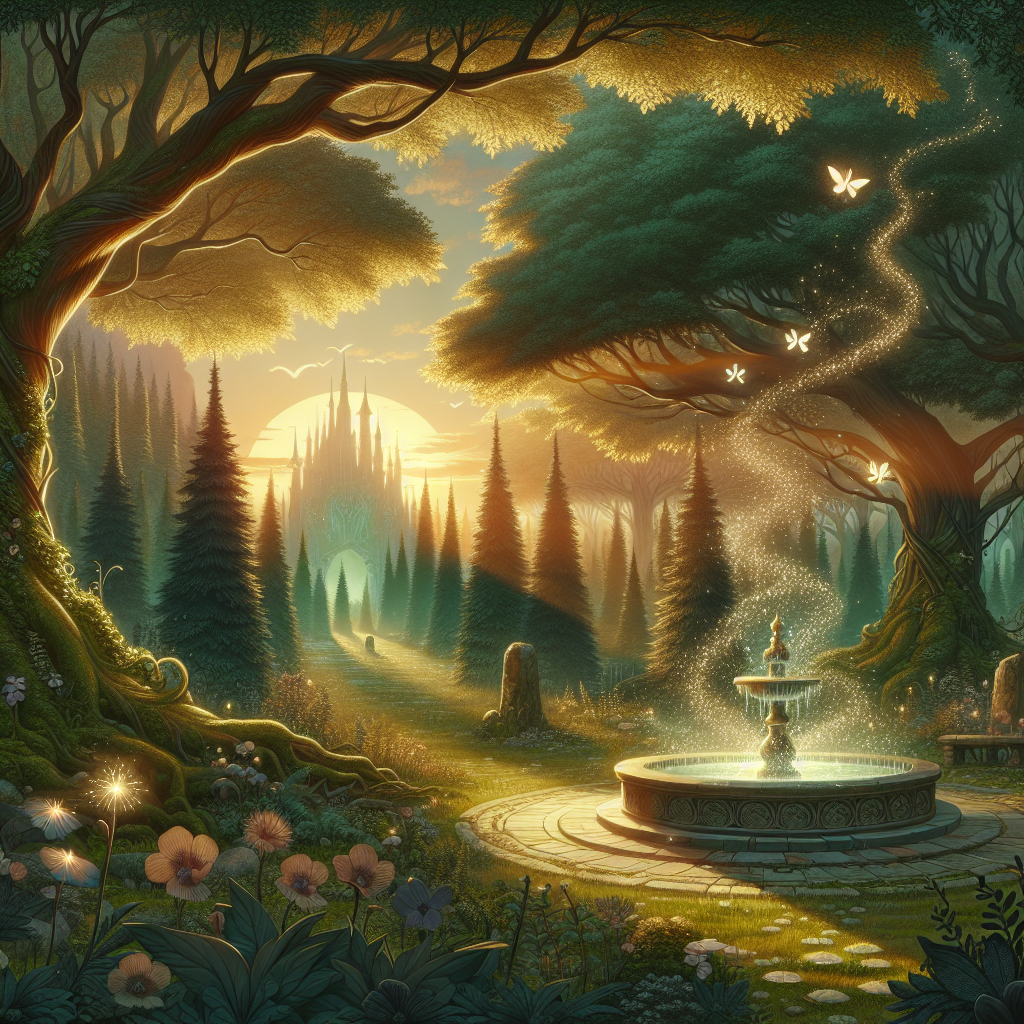 Enchanting dawn in a magical forest with ancient trees, a fountain, and a crystalline castle, perfect as a good morning image.