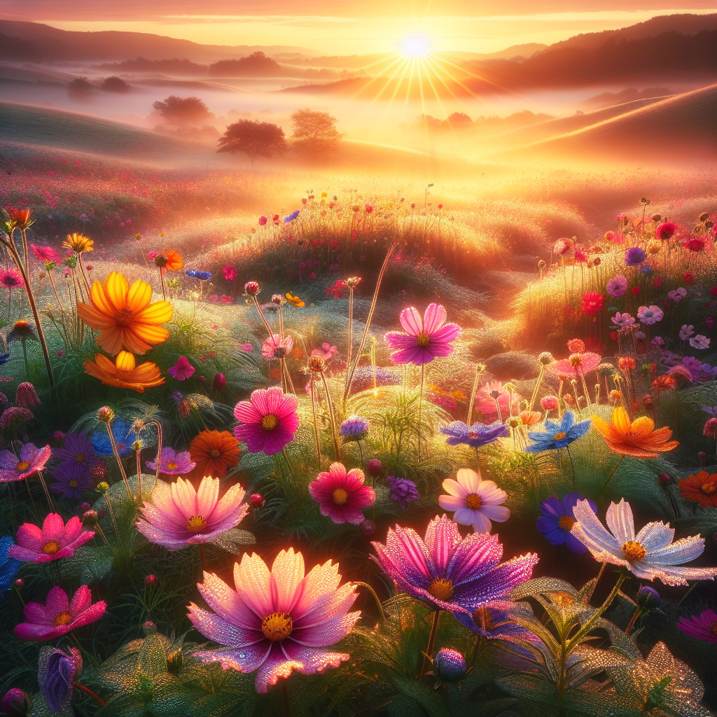 A serene good morning image featuring a variety of vibrant, dew-kissed flowers against a misty landscape bathed in sunrise.