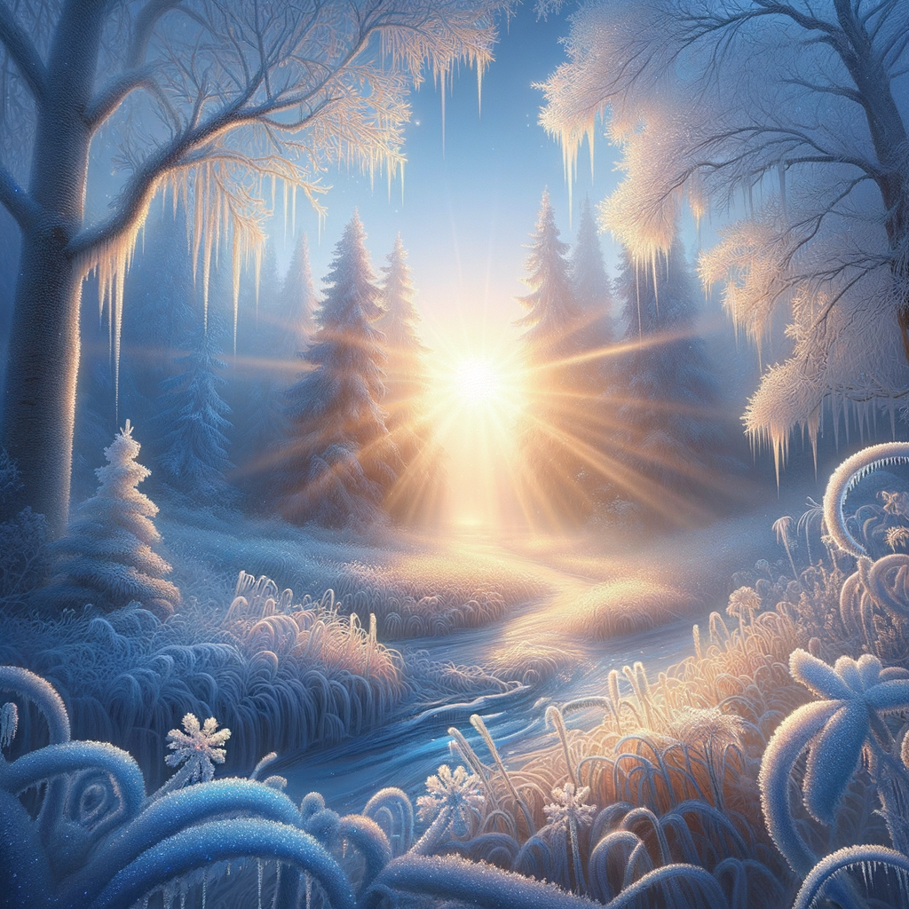 A serene winter morning scene with sparkling frost and ice illuminated by the rising sun's magical light, good morning image.