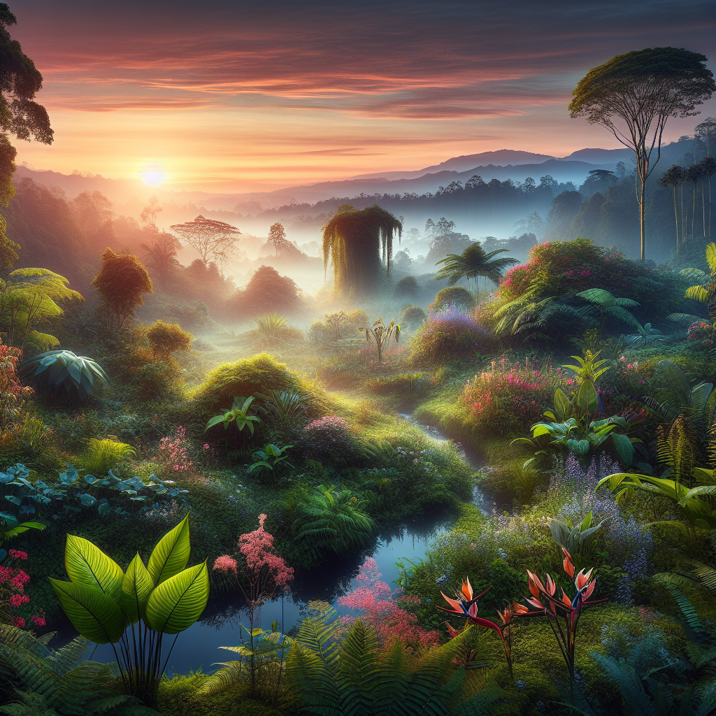 This good morning image portrays a tranquil sunrise showcasing a bountiful, thriving ecosystem, filled with diverse vegetation and lush greenery.