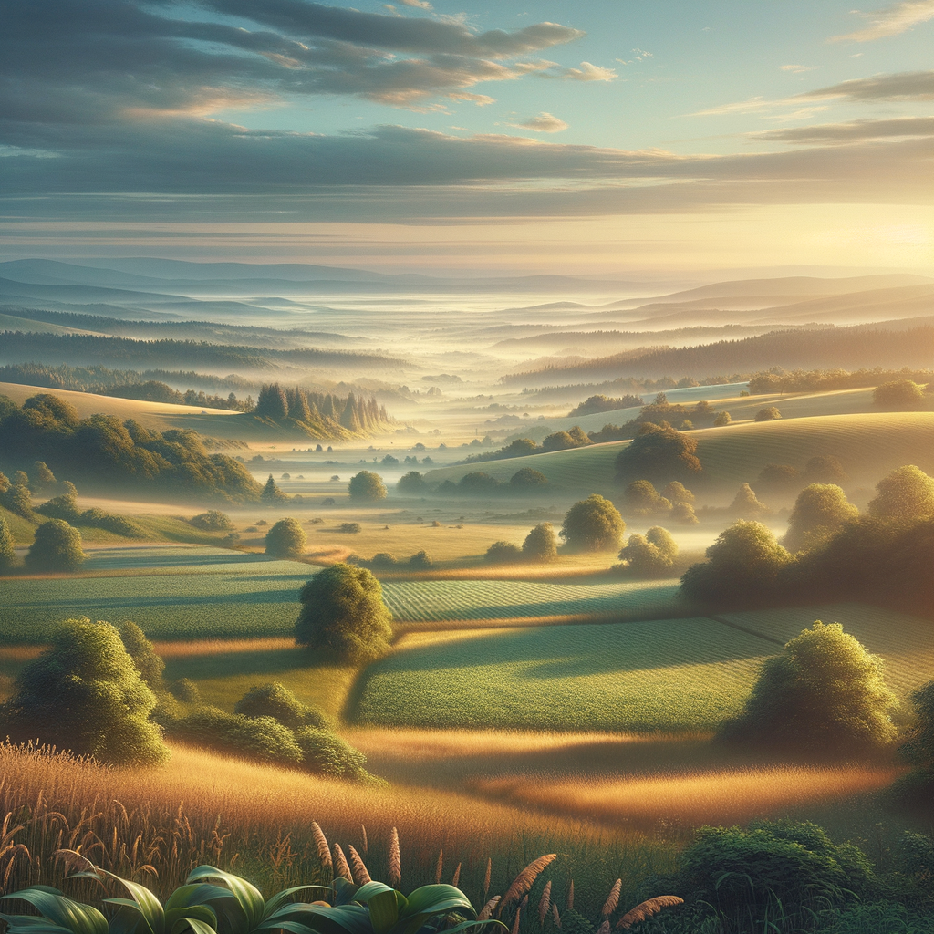 A tranquil and pristine good morning image of rolling hills and fields bathed in early morning sunlight.