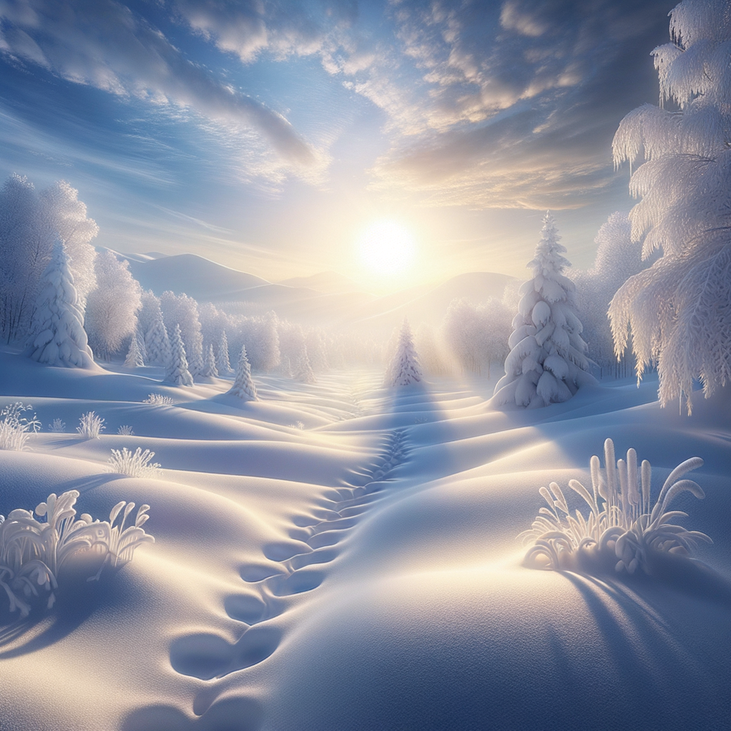 A harmonious good morning image capturing a tranquil winter scene, illuminated by the gentle warmth of a rising sun.