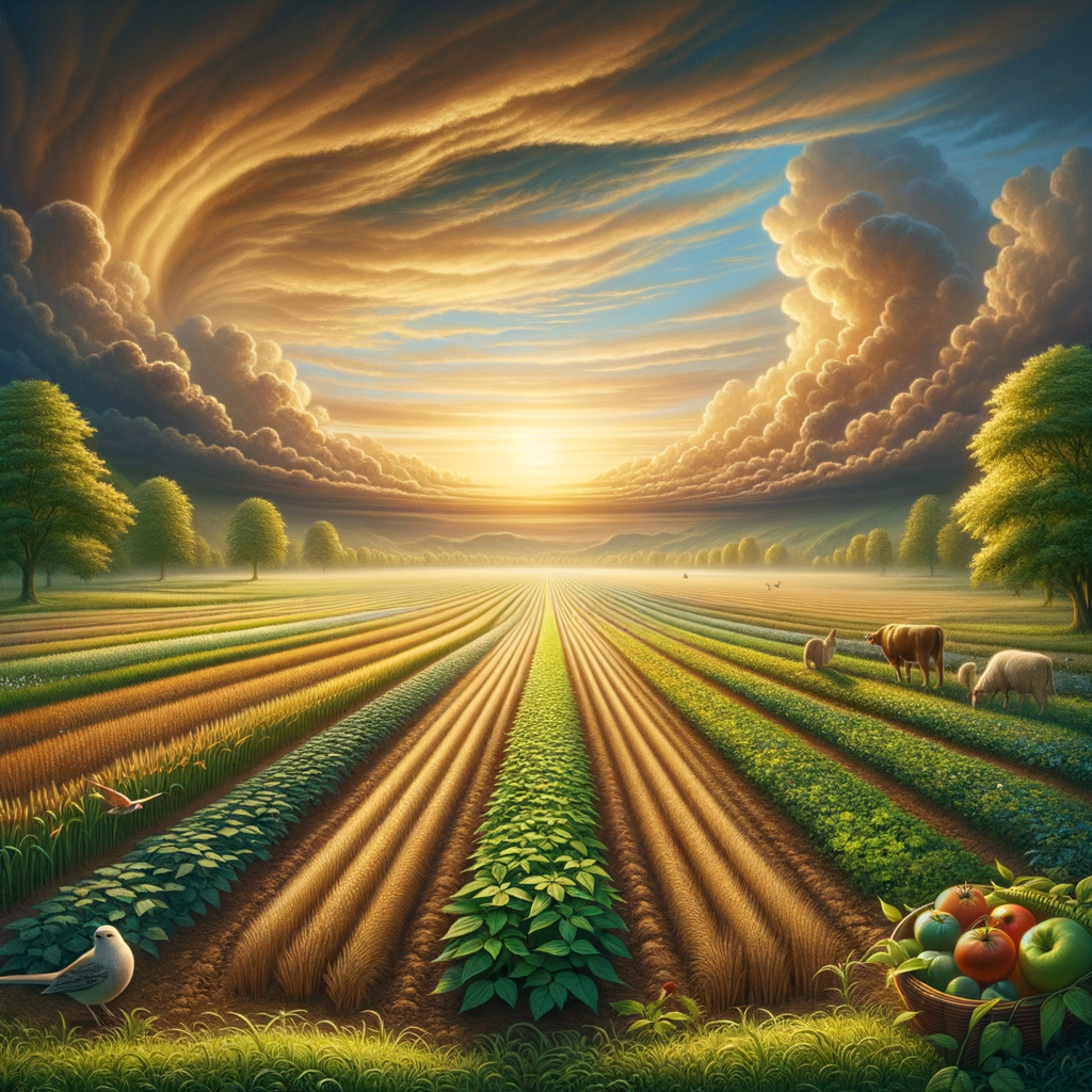 A peaceful and fertile farmland at dawn, embodying a calm and optimistic good morning image.