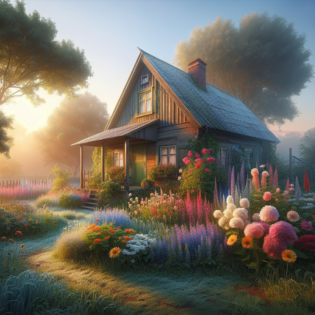 Serene morning in the countryside with a rustic cottage surrounded by a vibrant flower garden, good morning image