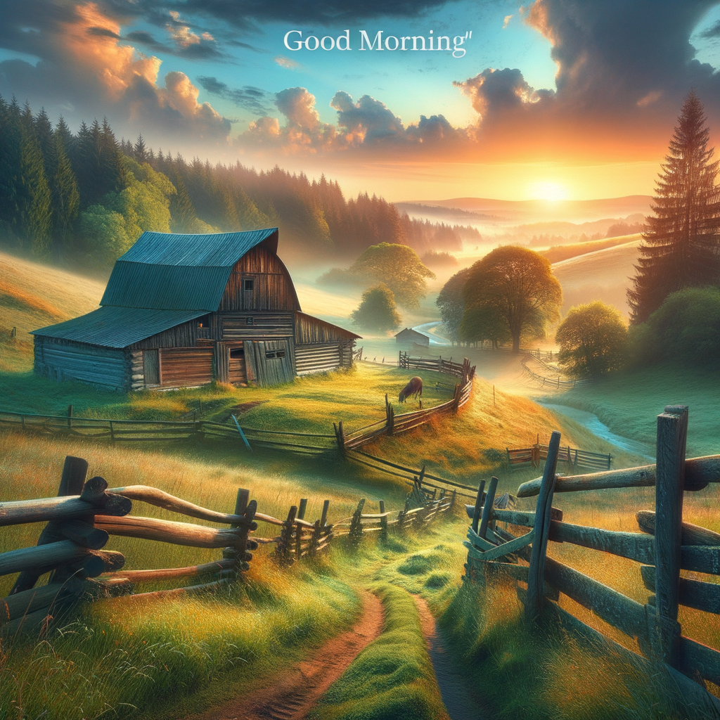 A timeless countryside landscape at early morning with an old barn and a winding path, displaying a 'Good morning' message in the sky, devoid of humans or animals.