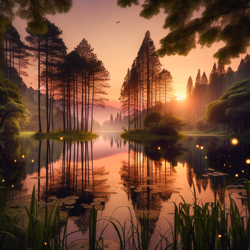 A picturesque good morning image featuring a sunrise over a tranquil lake with trees reflecting in the water.