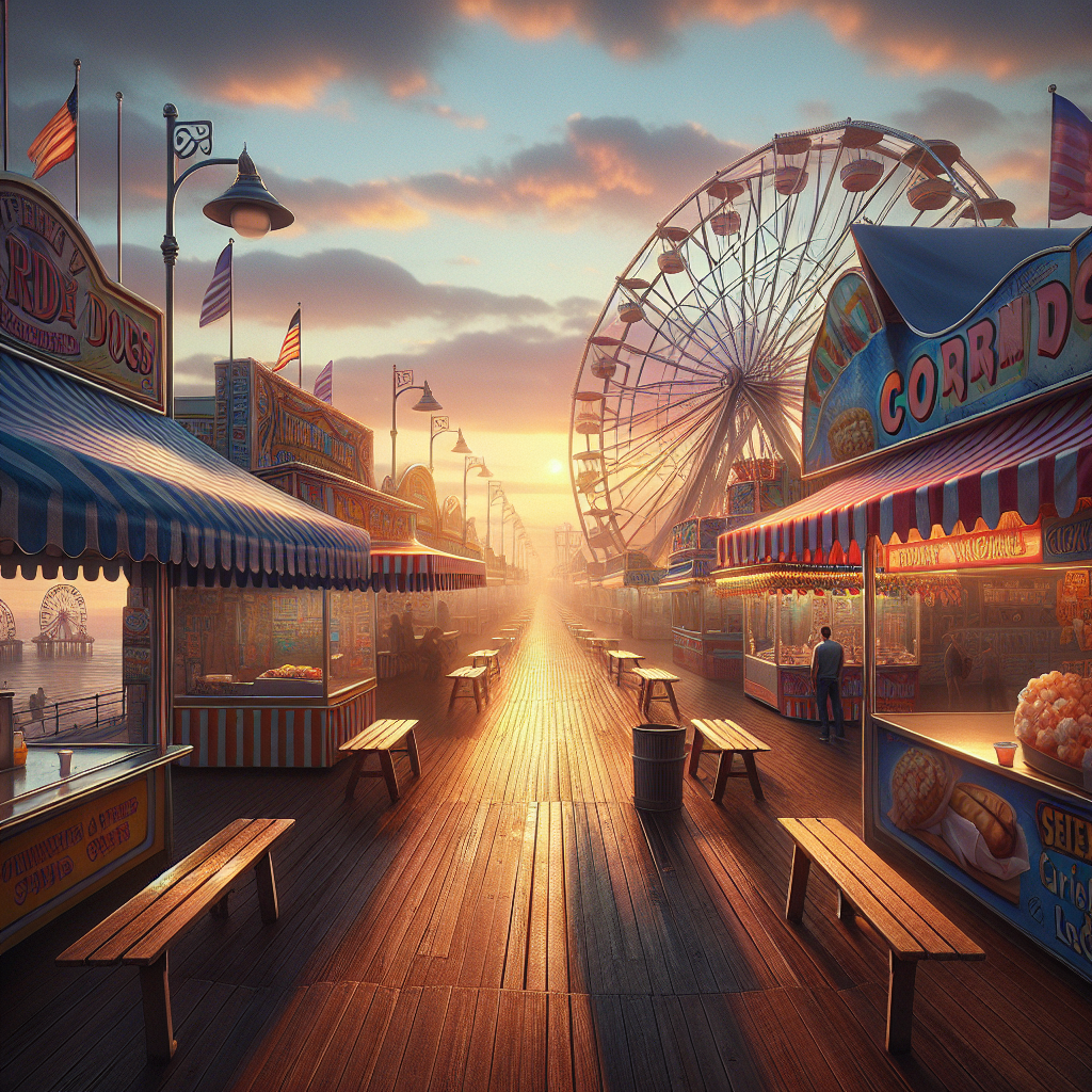 Photorealistic good morning image of a tranquil, yet bustling fairground bathed in the soft glow of the morning sun, hinting promise of an exuberant day.