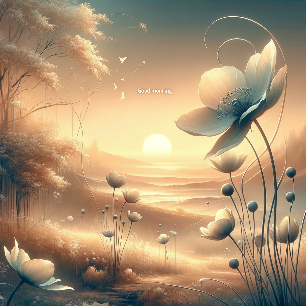 The soft light of dawn reveals an idyllic landscape with gracefully dancing flowers, embodying a good morning image.