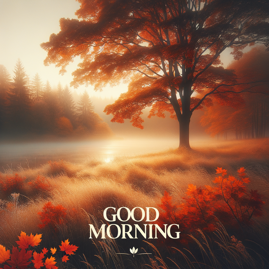 Crisp autumn morning with radiant hues of orange, red, and gold in leaves, dew on grass, fog over lake, and 'Good Morning' text.