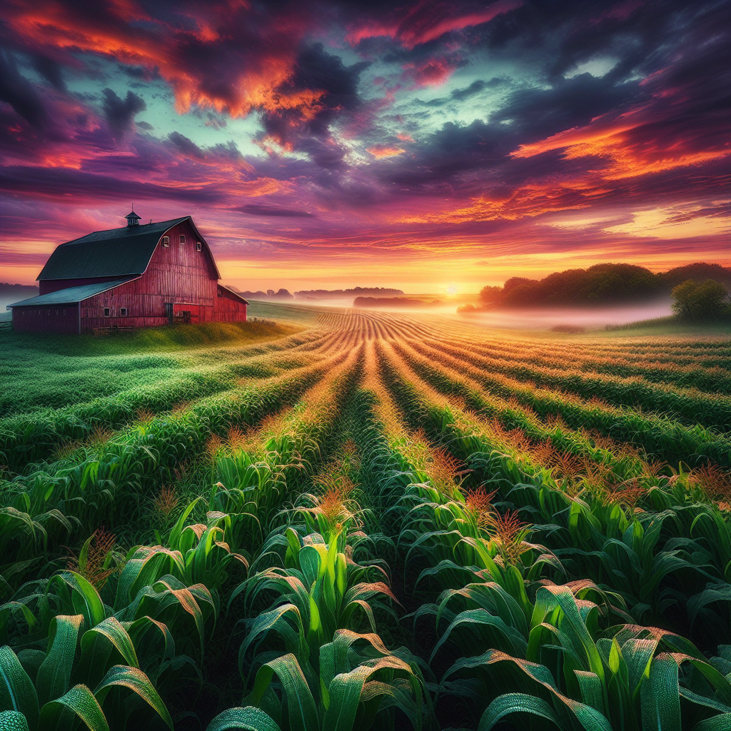 A serene good morning image of a farm at sunrise with dewy fields and a classic red barn.