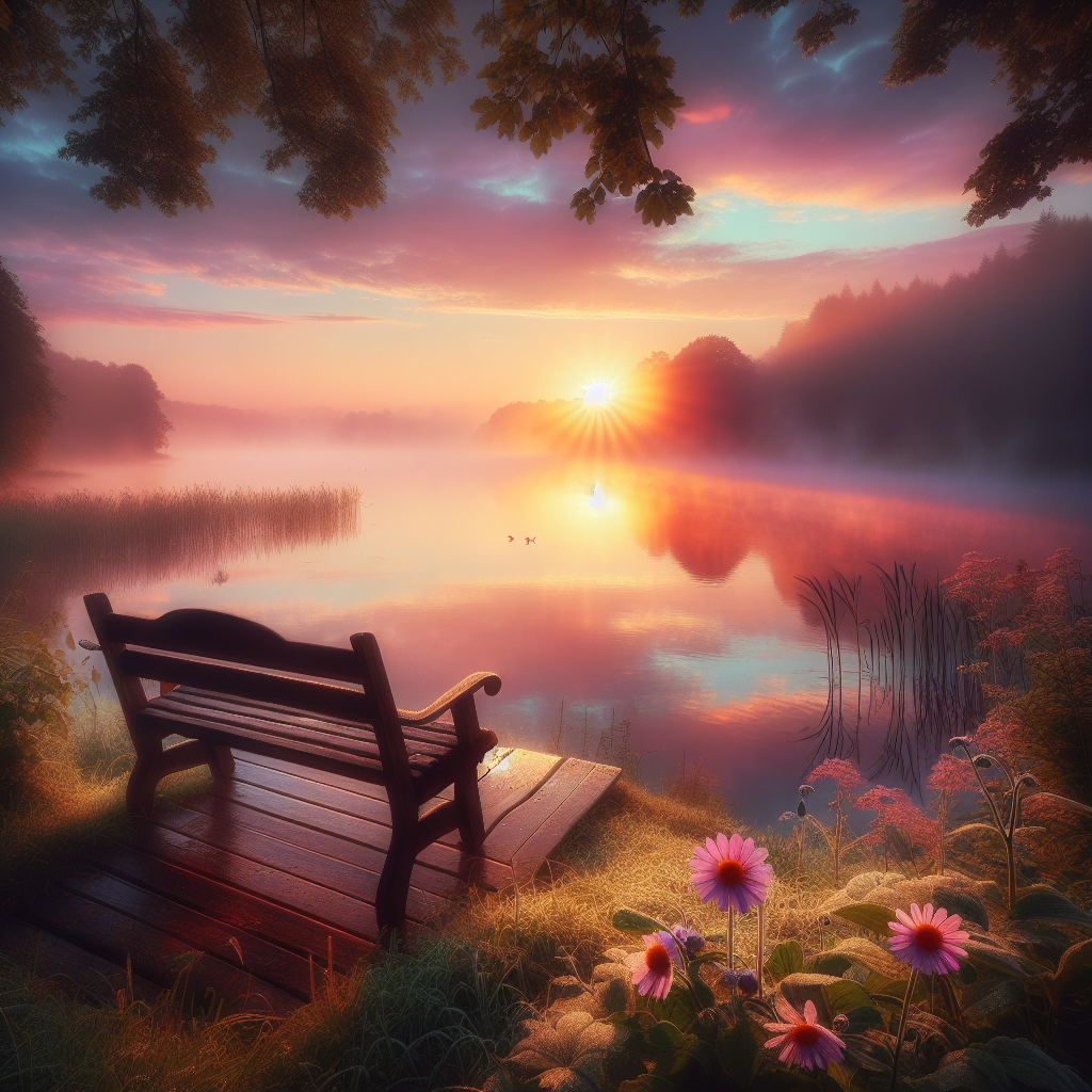 An enchanting good morning image of a tranquil lake at sunrise, with soft pastels reflecting on the water and a quaint wooden love seat nearby.