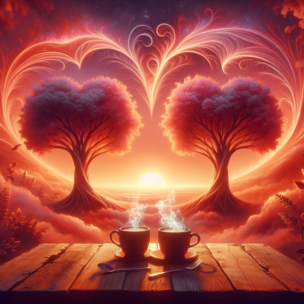 A serene good morning image of intertwined trees with heart-shaped leaves under a gentle, glowing sunrise.