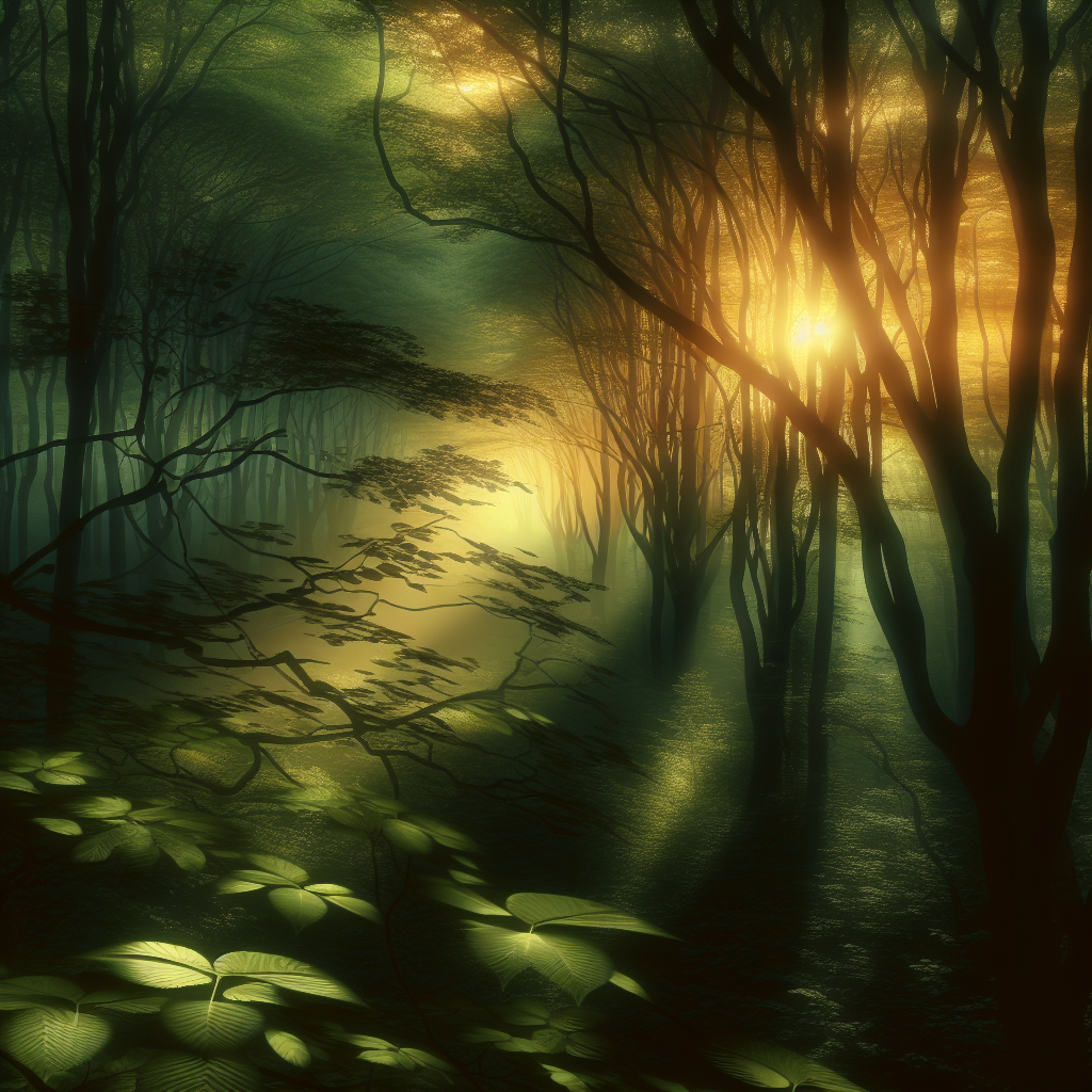 A serene forest at sunrise, where light filters through the canopy creating patterns on the forest floor, depicting a perfect good morning image.