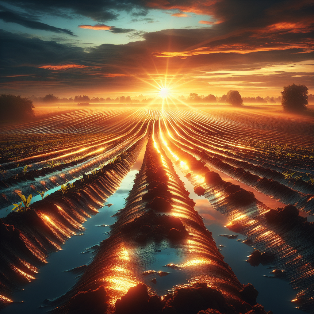 Photo of a fertile farmland at dawn, rows ploughed and shimmering with dew reflecting the sunrise, embodying a vibrant and promising good morning image.