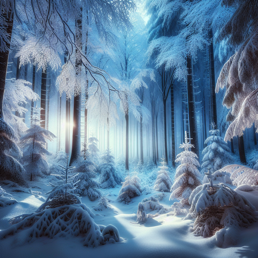 Enchanting winter forest scene with trees blanketed in snow, illustrating a peaceful and good morning image