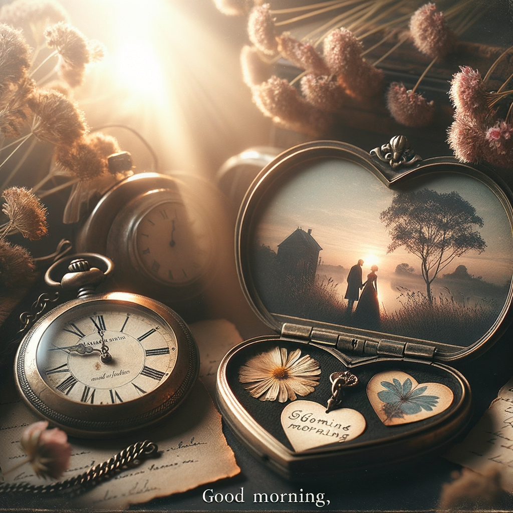 Tranquil morning light illuminates a heart-shaped locket amidst wildflowers, symbolizing enduring love in this good morning image.